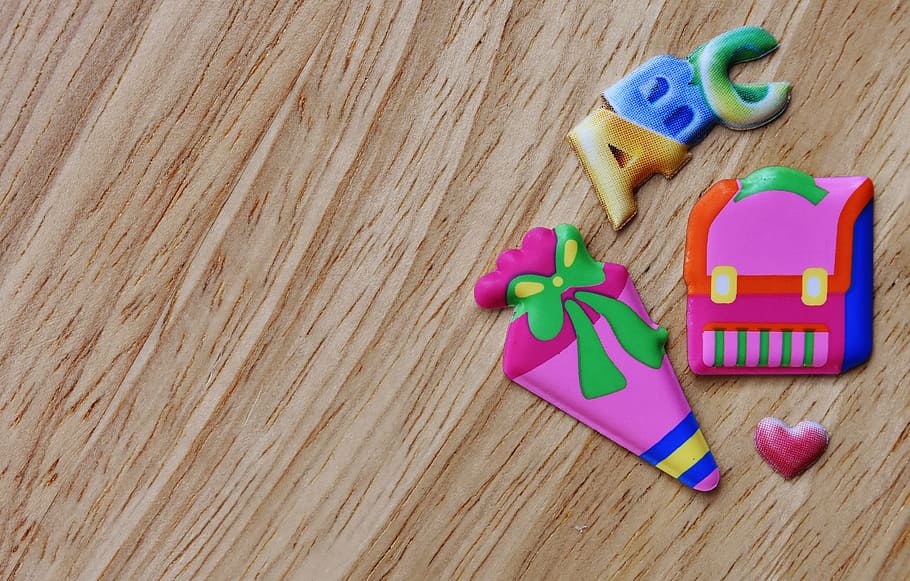 assorted-color toys on brown wooden surface, school, back to school, HD wallpaper