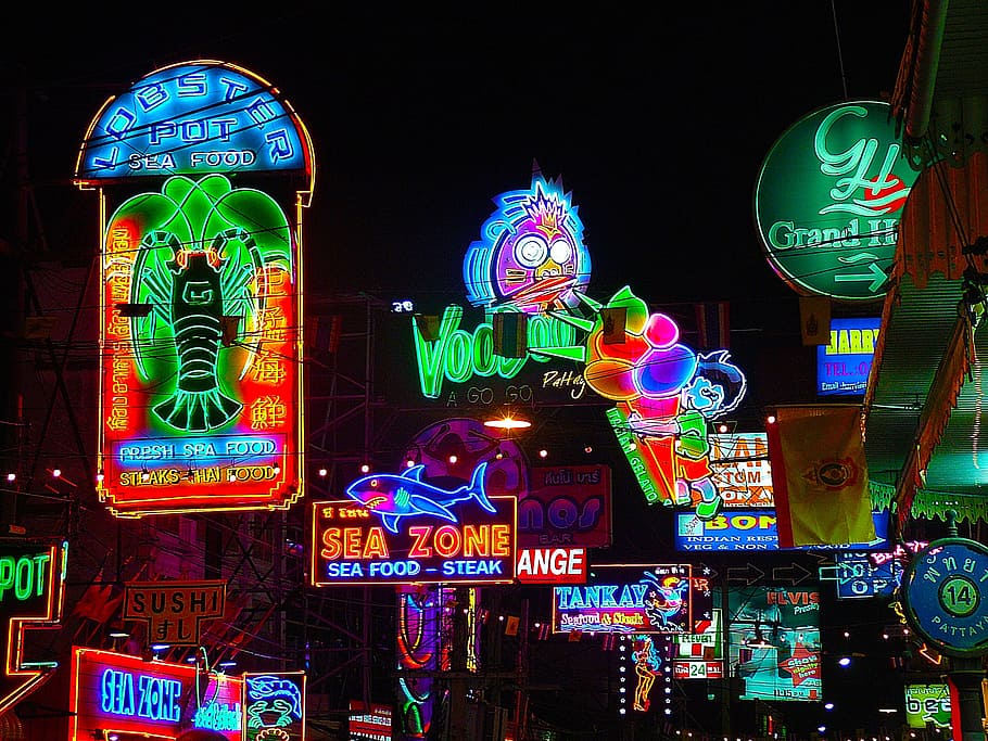 LED signage, Neon Lights, Signs, Evening, dark, street, pattaya, HD wallpaper