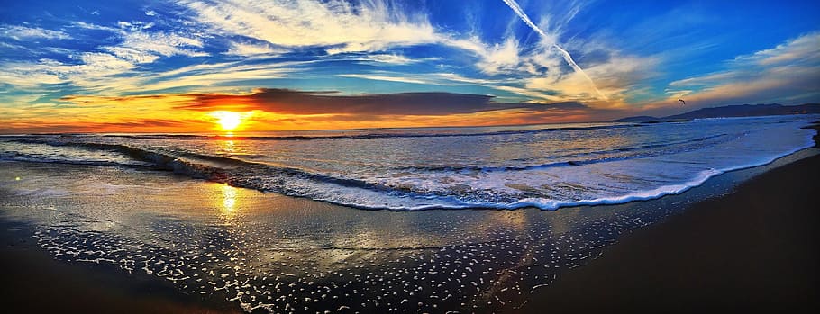 seashore during sunset, beach, dawn, dusk, landscape, nature HD wallpaper