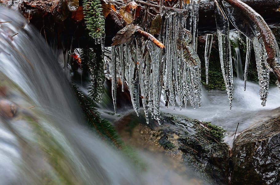 winter, ice, winter creek, motion, waterfall, long exposure HD wallpaper