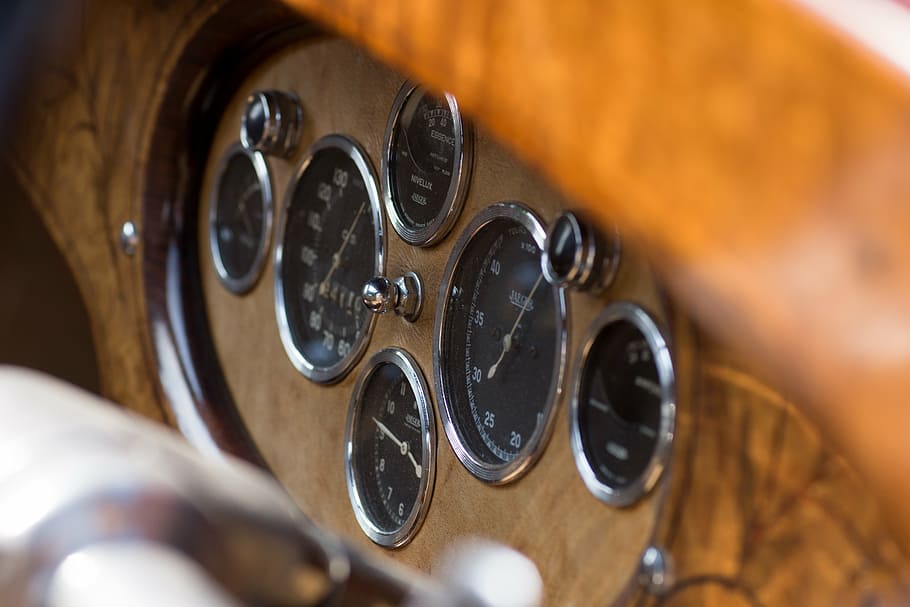 auto, oldtimer, classic, instruments, ad, wood, selective focus HD wallpaper