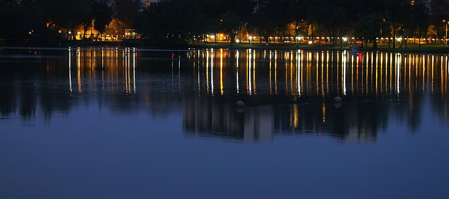 reflection, water, dawn, sunset, evening, panoramic, panorama HD wallpaper