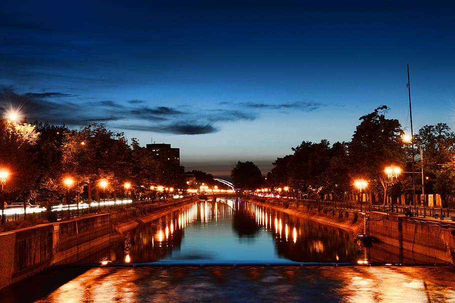 city lights, night, evening, river, reflection, sky, capital HD wallpaper