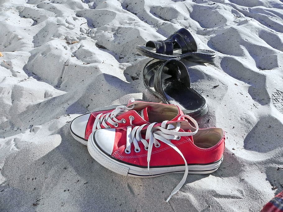 shoes, beach, sand, shoe footprint, convers, high angle view, HD wallpaper