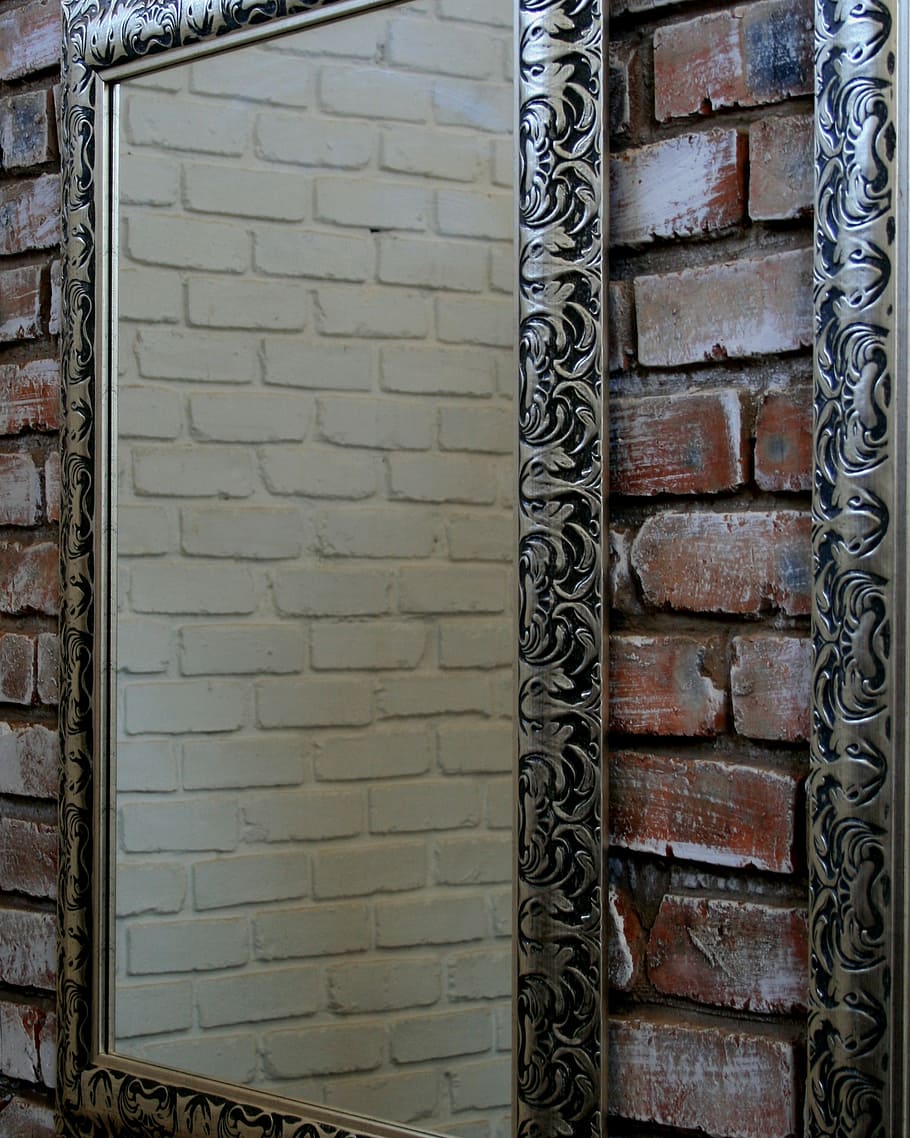 rectangular gray metal framed mirror, wall, brick, red, shiny HD wallpaper