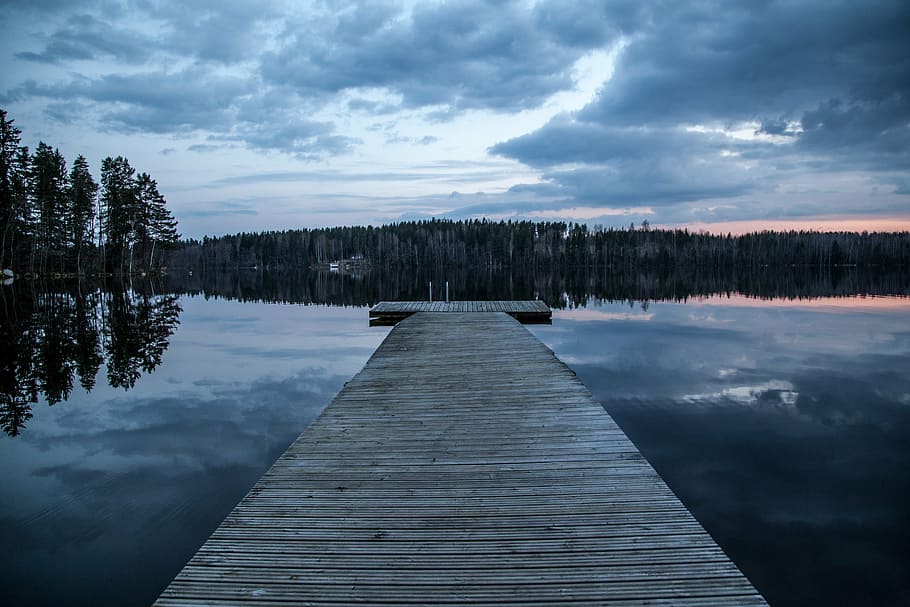 brown wooden lake dock, finland, dark, evening, water, nature, HD wallpaper