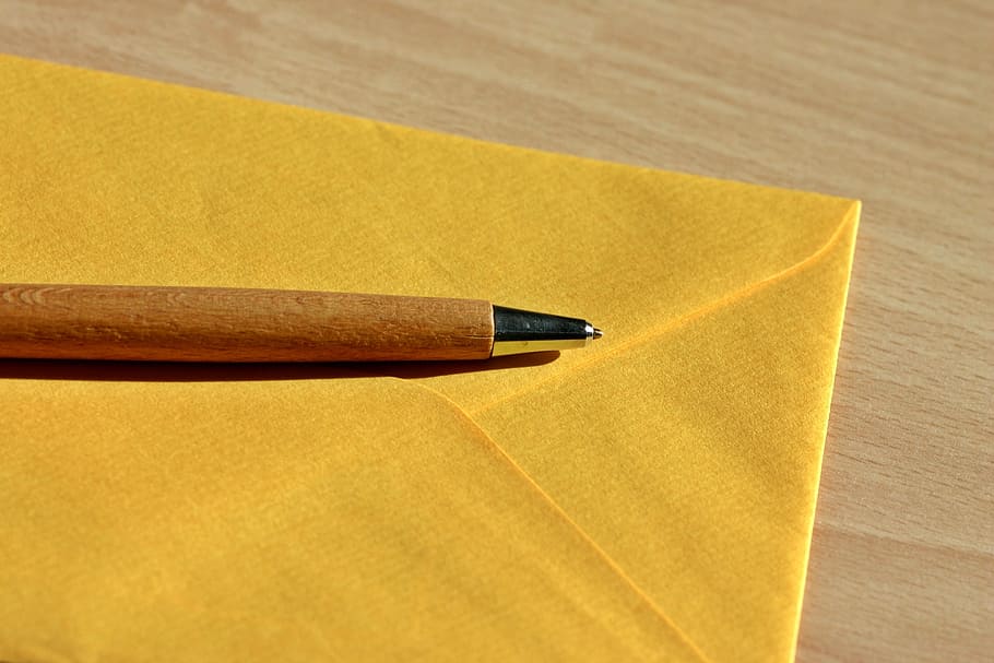 pen on top of envelope, letters, leave, post, yellow, color HD wallpaper