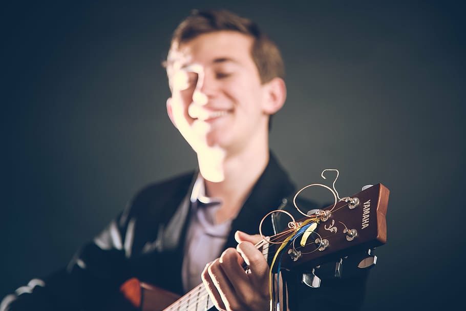 man playing brown Yamaha guitar, guy, young, boy, music, youth HD wallpaper