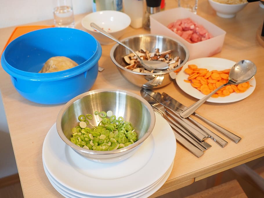 kitchen, cook, ingredients, vegetables, meat, preparation, plate HD wallpaper