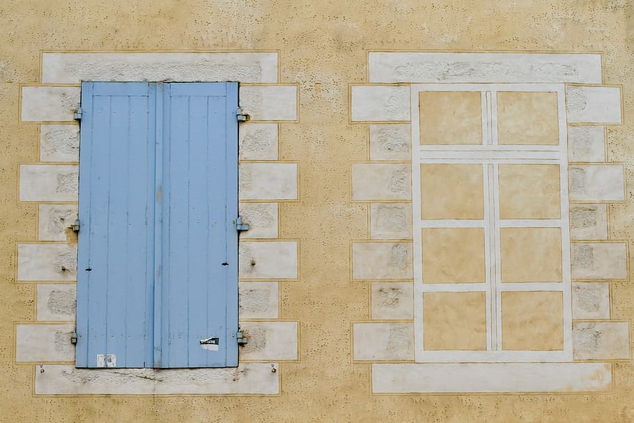 blue wooden window with white frame mountain in brown wall, blue wooden window door HD wallpaper