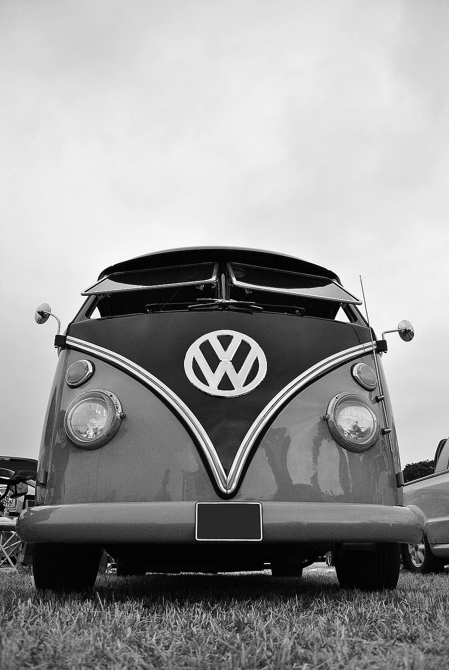 grayscale photography of Volkswagen bus, vw camper, vintage car