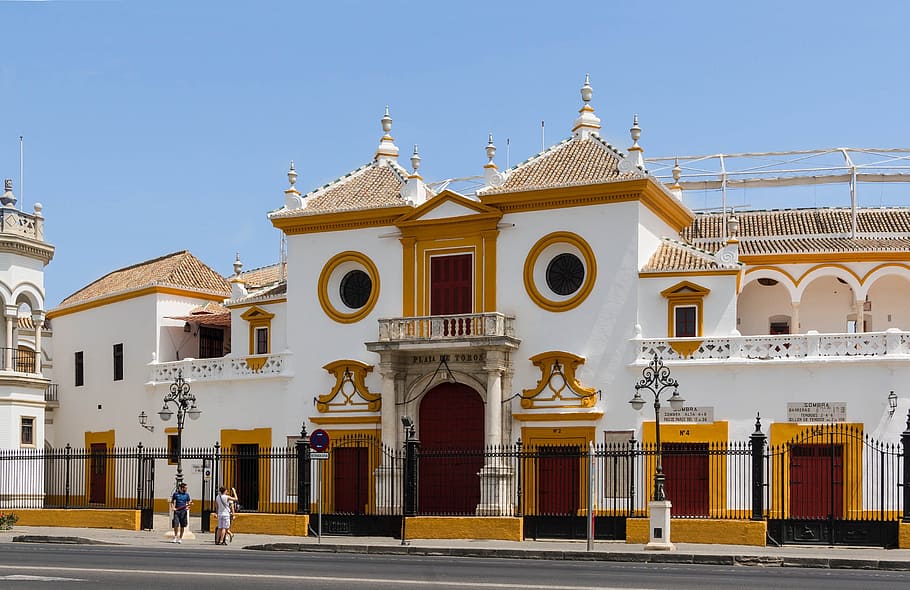 white and gold concrete building under blue sky, Seville, Spain, HD wallpaper