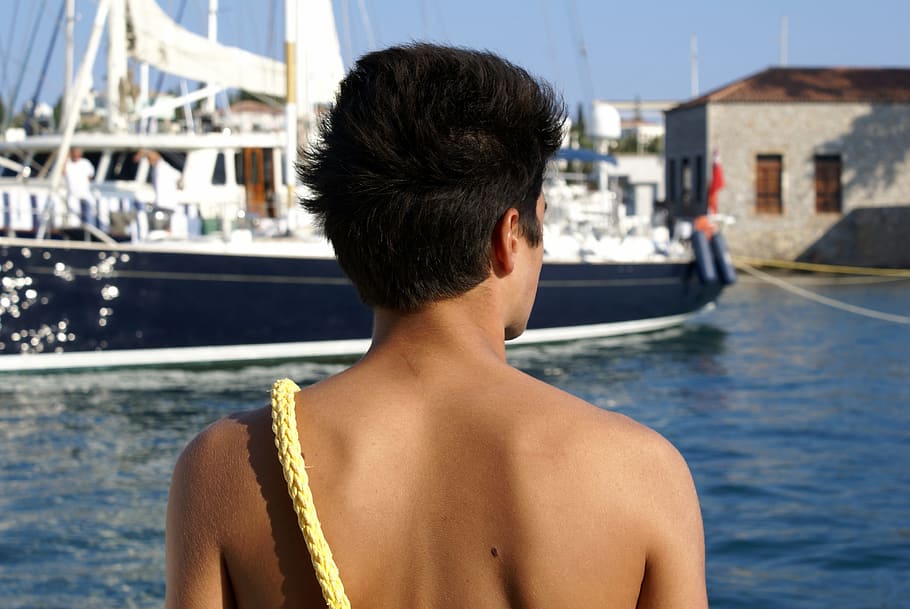 greece, rope, docking, water, rear view, one person, headshot HD wallpaper