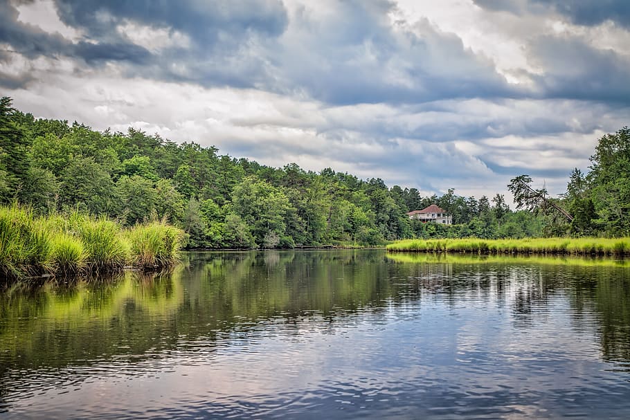 Water, Clouds, Marsh, Reflection, tranquil, sky, blue, natural HD wallpaper