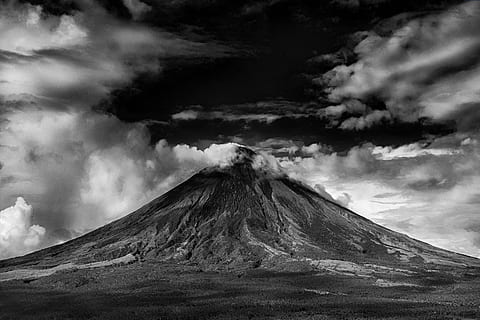Gray Scale Photo of Active Volcano, black and white, clouds, cone HD wallpaper