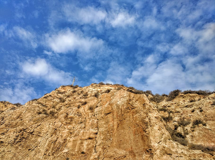 cliff, sky, pylon, scenic, clouds, landscape, rock, summer HD wallpaper