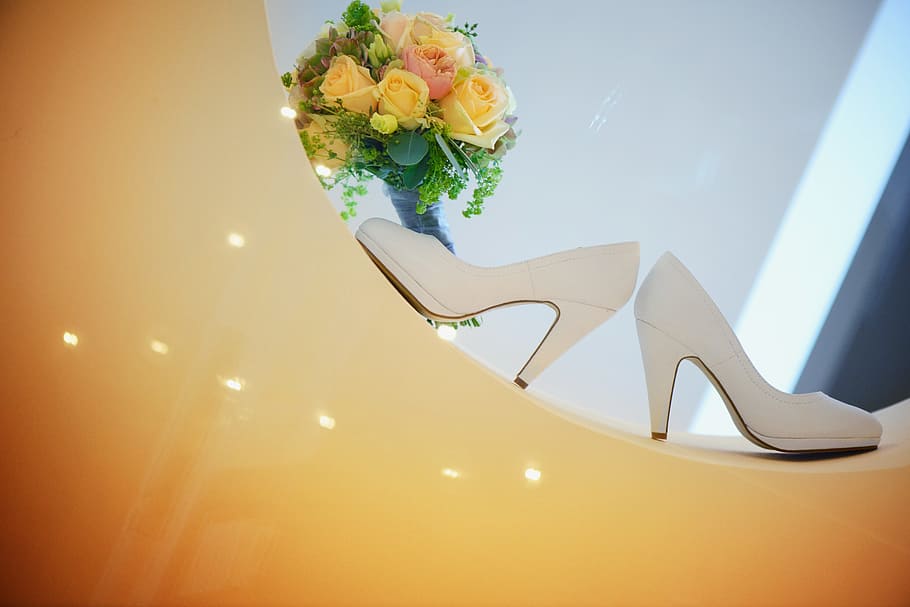 white leather stilettos beside yellow rose bouquet, wedding, shoe, HD wallpaper