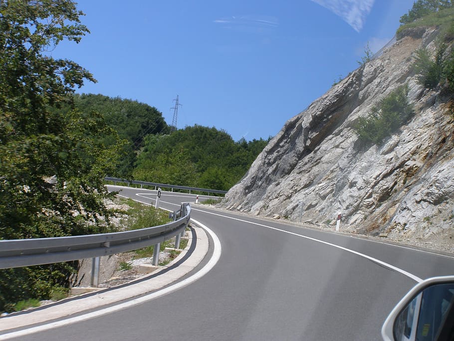 turn, road, path, view from car, transportation, tree, plant HD wallpaper
