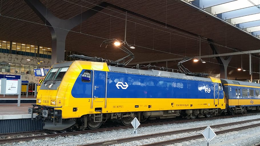 train, netherlands, station, railway, railroad, blue and yellow HD wallpaper