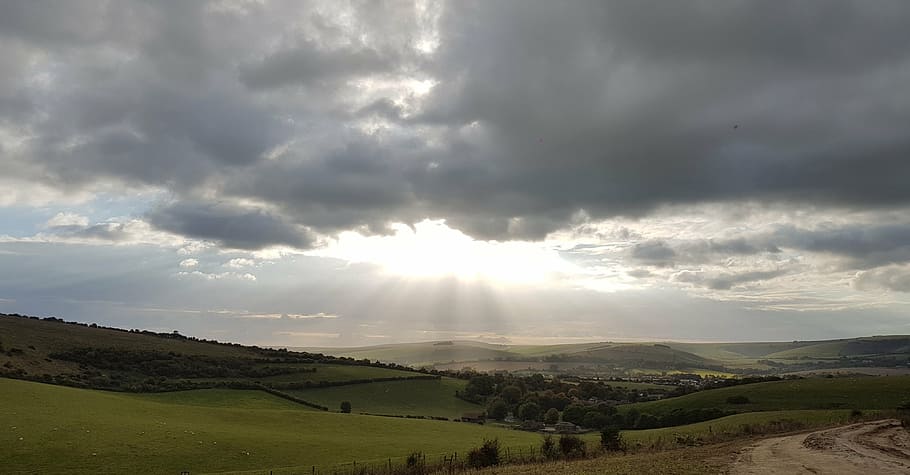 sky, sun, cloud, horizon, light, nature, sunlight, field, landscape HD wallpaper