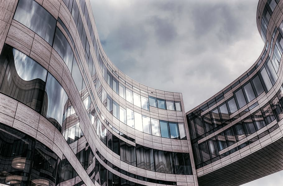 gray high rise building low angle photography, low-angle photograph of glass window on building HD wallpaper