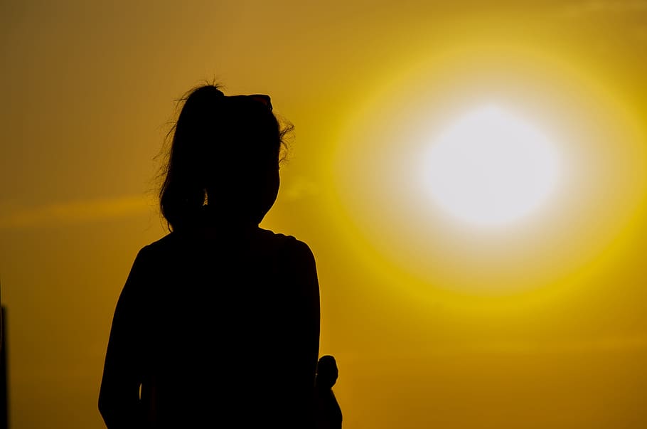 evening, sun, sunset, sky, girl, silhouettes, one person, yellow HD wallpaper