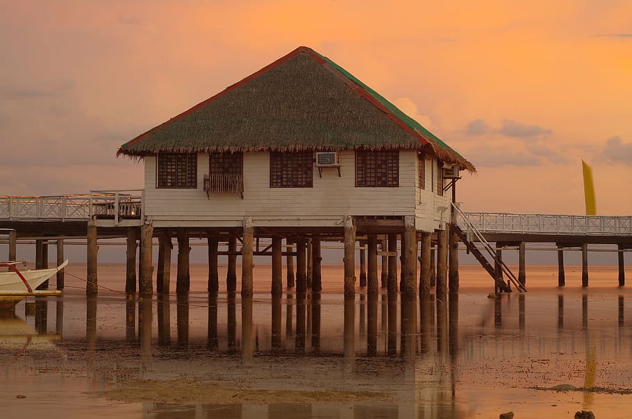 low tide, sea, dusk, wood - Material, beach, nature, pier, sunset HD wallpaper