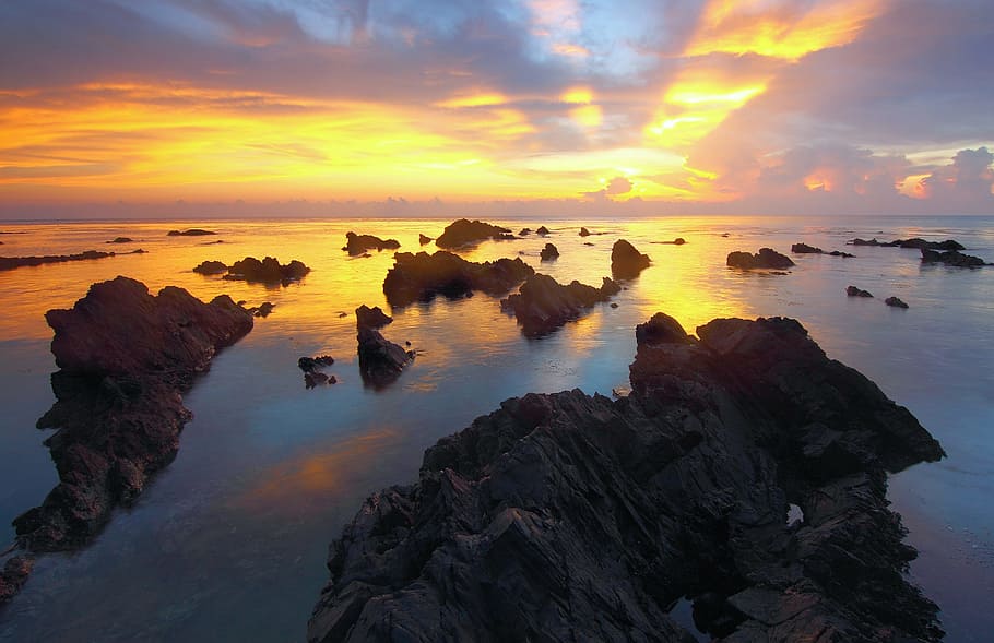sky, clouds, sunlight, sunset, sunrise, nature, ocean, sea HD wallpaper