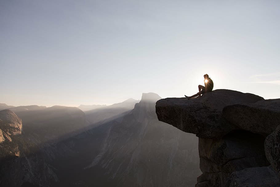 man sitting on top of mountain during daytime, half dome, yosemite national park, HD wallpaper