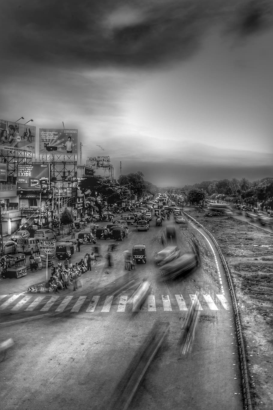timelapse photography of cars, black and white photo, people HD wallpaper