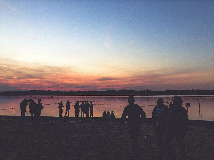 people in front body of water, group, standing, sand, near HD wallpaper