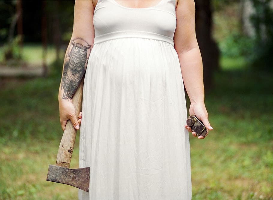 woman in white dress holding axe during daytime, woman holding pick axe, HD wallpaper
