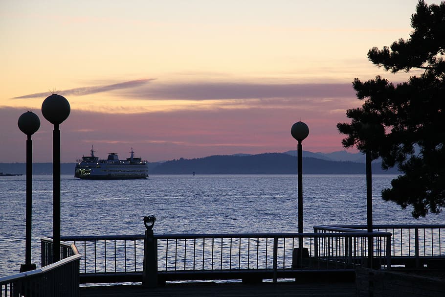 seattle, ferry, ship, sunset, pier, evening, view, sky, water HD wallpaper