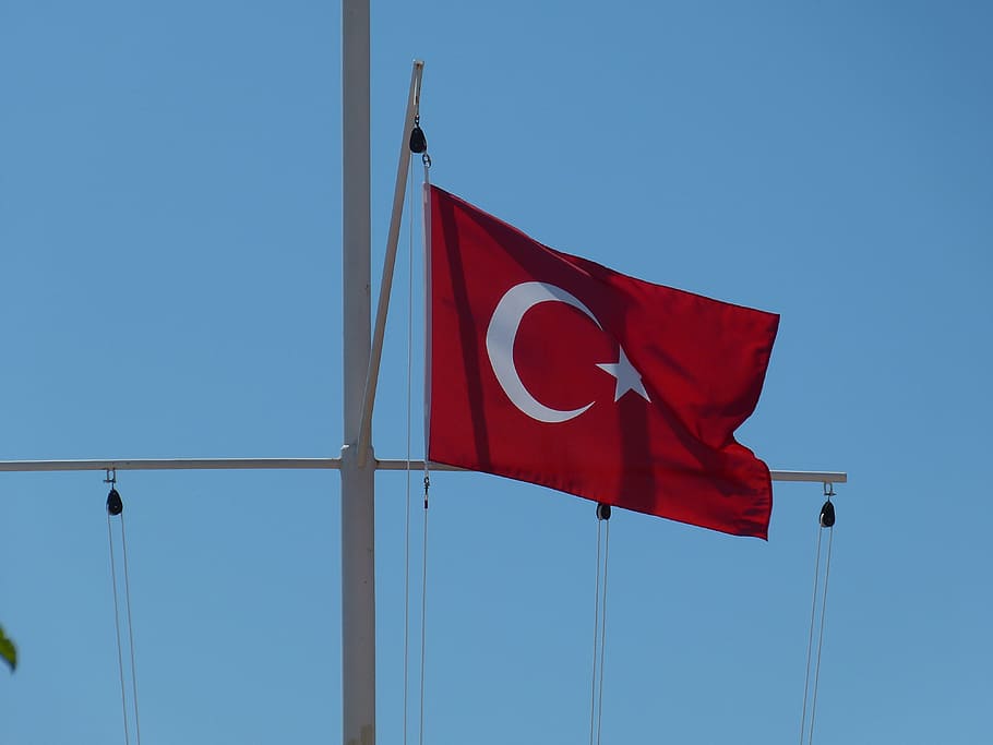flag, blow, flutter, banner, turkey, mast, star, crescent, islamic, HD wallpaper