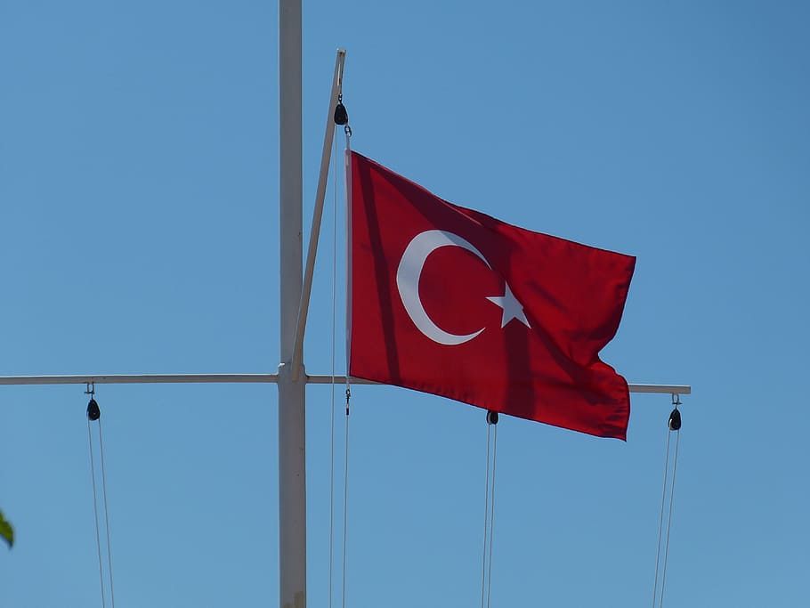 flag, blow, flutter, banner, turkey, mast, star, crescent, islamic HD wallpaper