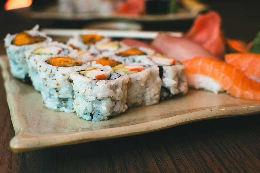 Sushi yam california rolls, eating out, hands, restaurant, food, HD wallpaper