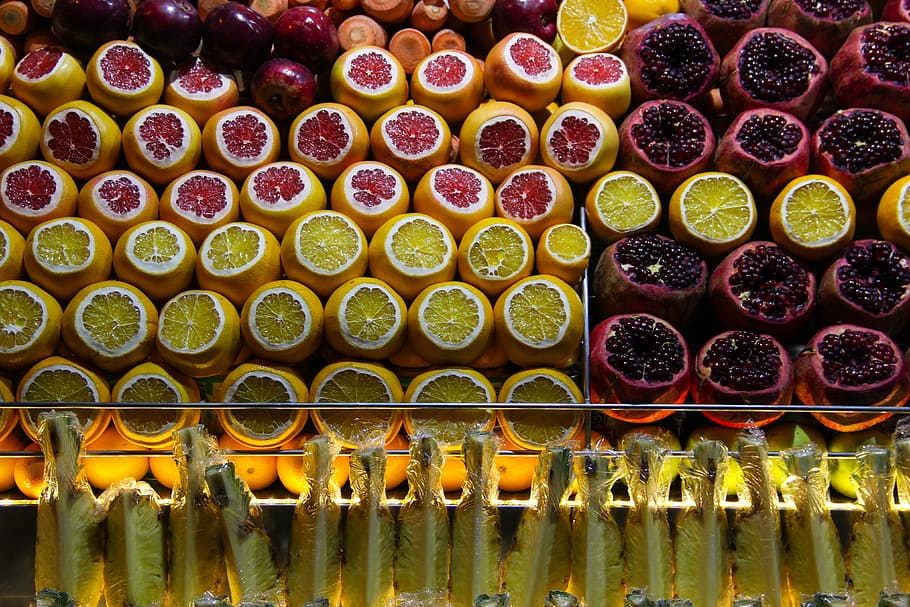 fruit slice lot, lemon, nature, yellow, red, pomegranate, pineapple HD wallpaper