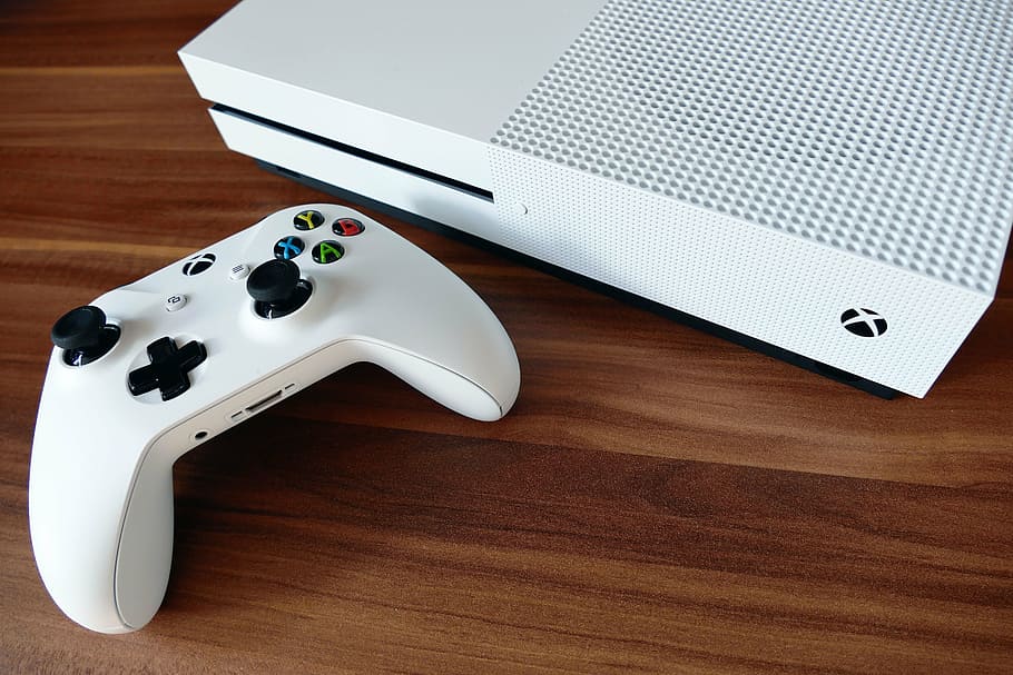 Xbox One console beside controller, x box, joypad, activity, blue