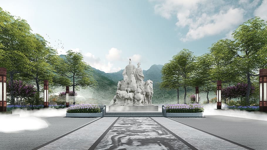 effect, landscape, lumion, sculpture, plant, statue, tree, human representation HD wallpaper
