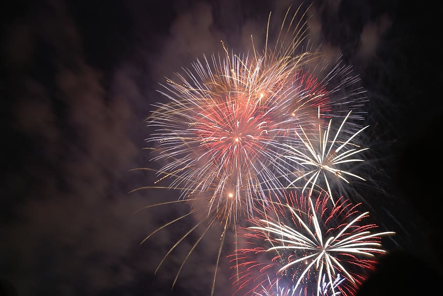 red and yellow fireworks, white, green, light, color, lunar new year HD wallpaper