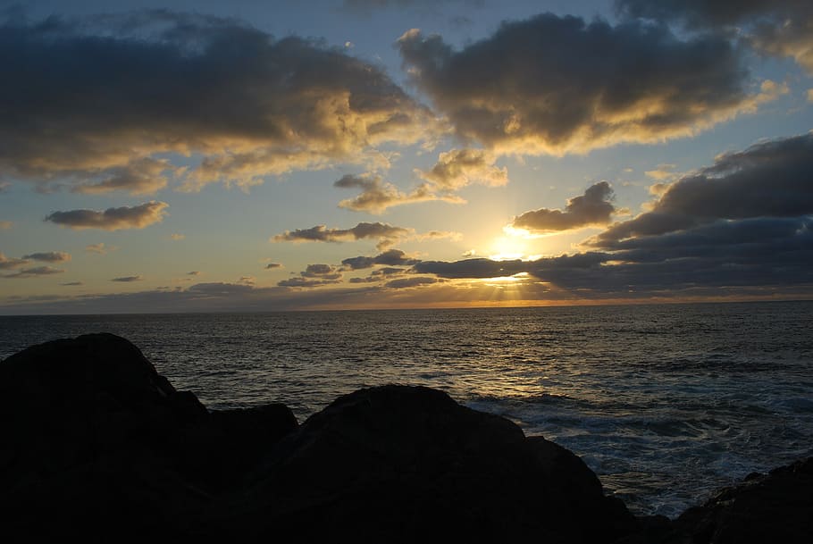 view, see, sea, beach, nature, bay, water, sunset, sky, clouds HD wallpaper