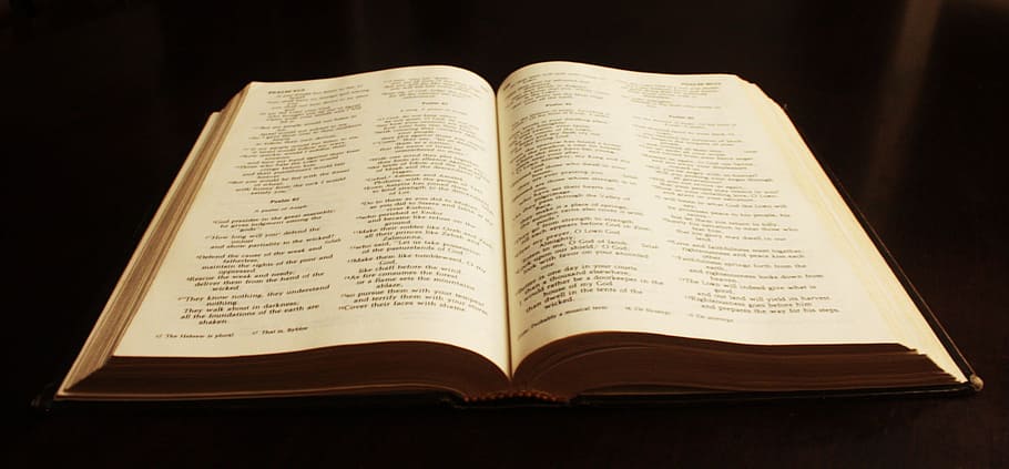 photography of opened book on black table, bible, text, literature