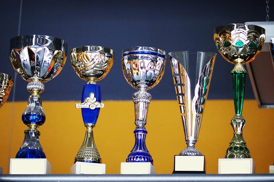 five assorted-color trophies, cups, winner, reward, trophy, award, HD wallpaper