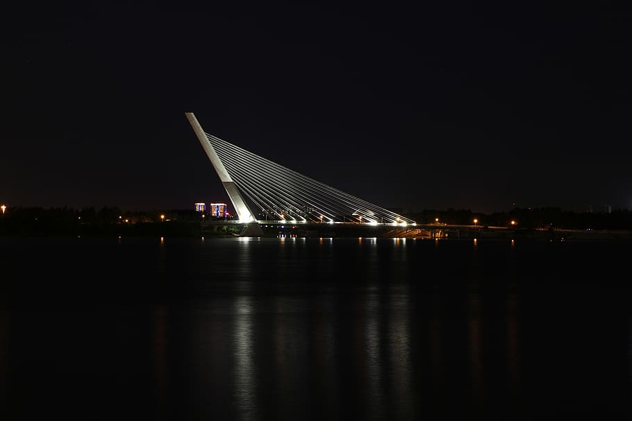 bridge, light, night view, reflection, river, architecture HD wallpaper
