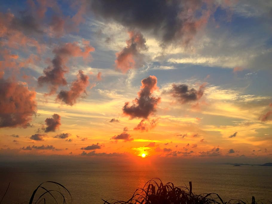 Sea, Serenity, Red Cloud, Sunset, the sea, nature, sky, dusk HD wallpaper