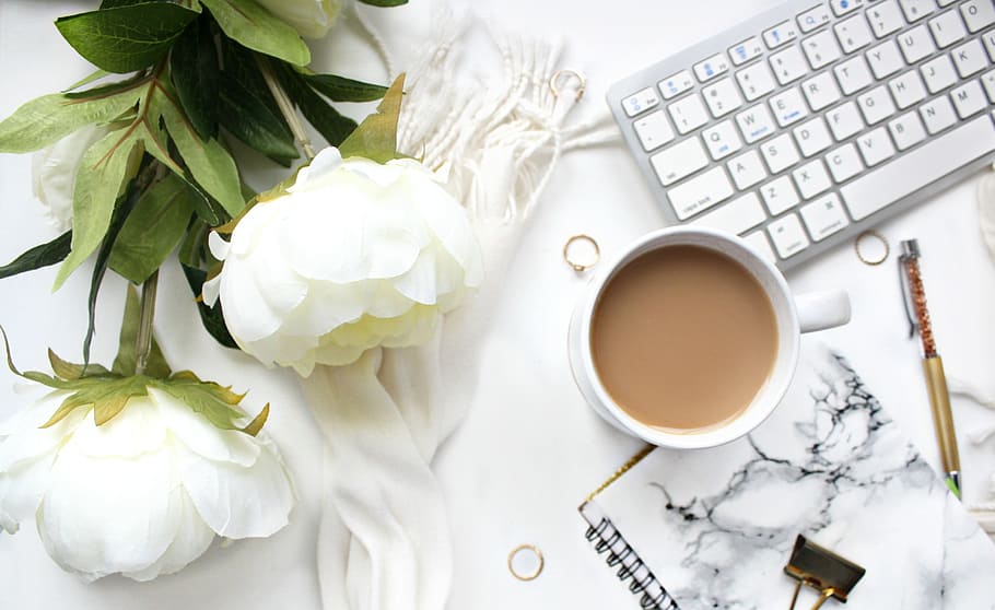 white ceramic mug, desktop, computer, coffee, flower, office HD wallpaper