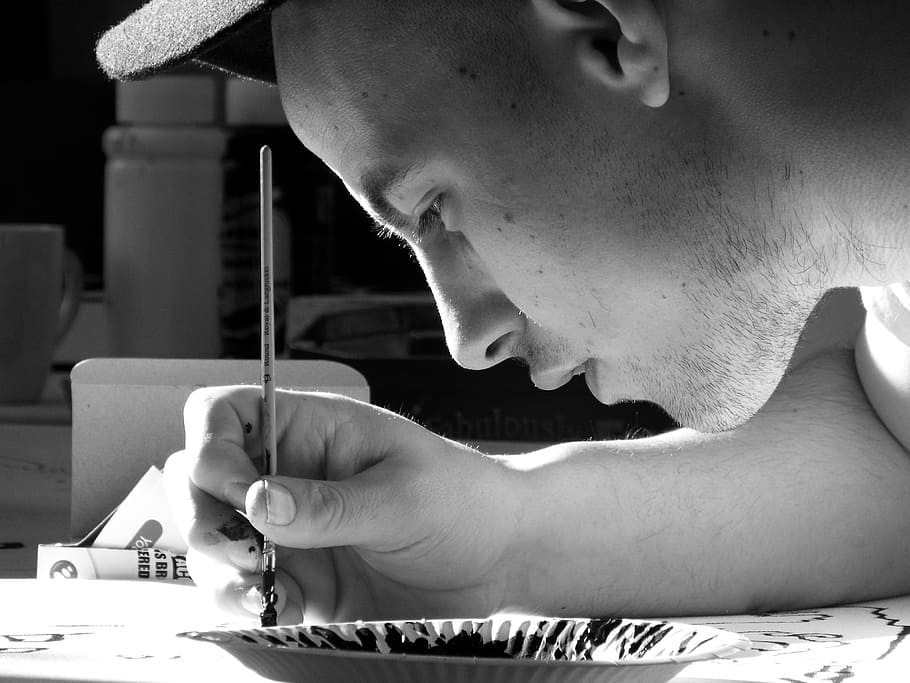 gray scale photography of man holding paintbrush, art, youth HD wallpaper