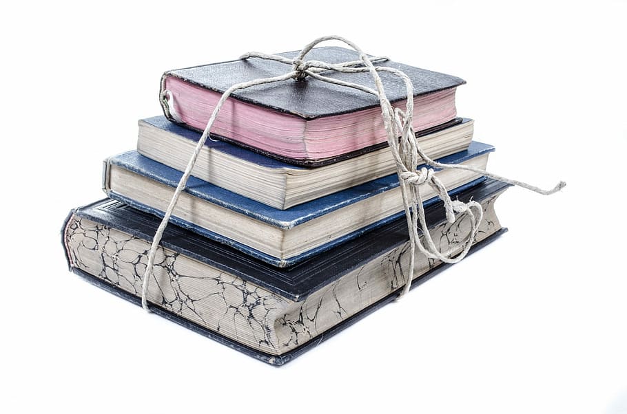 four assorted books, old, pile, stack, bookshelf, collection HD wallpaper