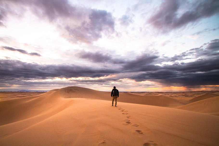 man walking on desert land, people, alone, travel, adventure, HD wallpaper