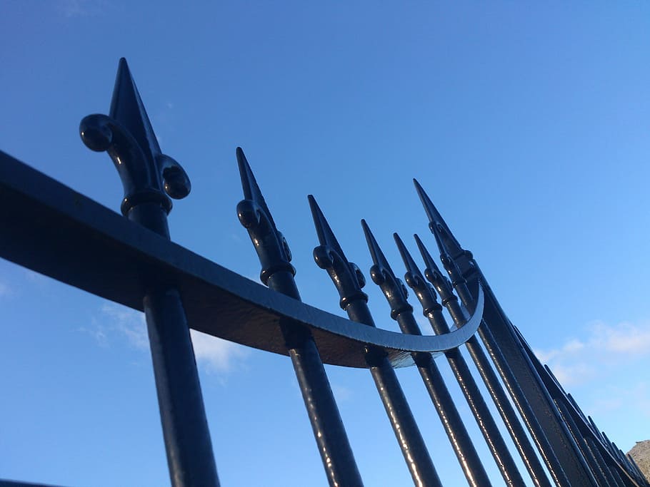 fences, iron, pattern, black, old, sky, blue, low angle view HD wallpaper